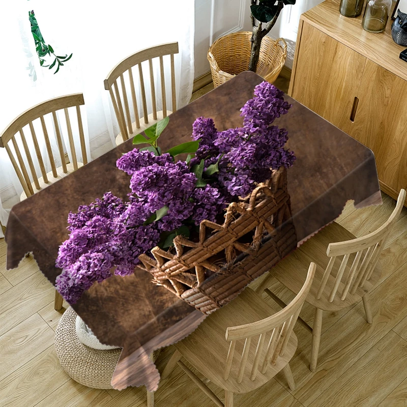 Umývateľný polyester obrus 3D fialová levandule kvetinový vzor, prachotesný bavlna obdĺžnikový okrúhly obrus